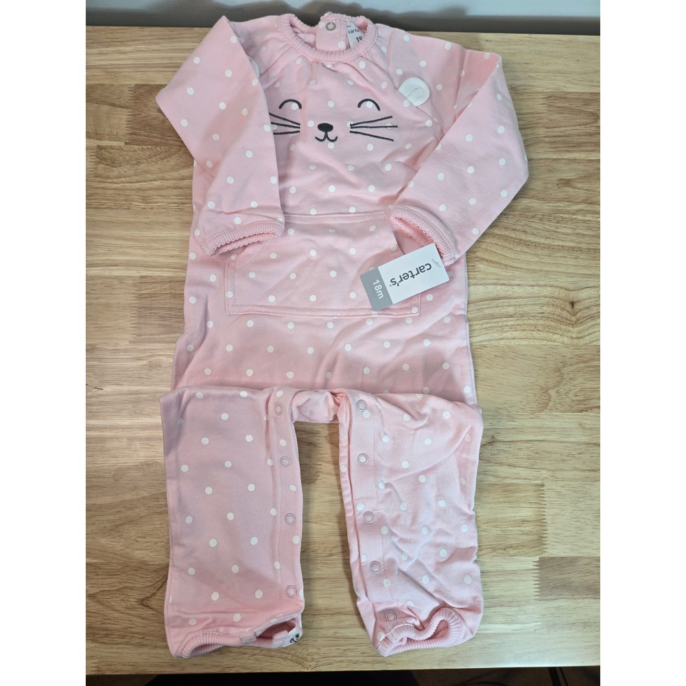 Carters Baby Girls Pink Polka Dot Cat Face Long Sleeve Jumpsuit 18M NWT